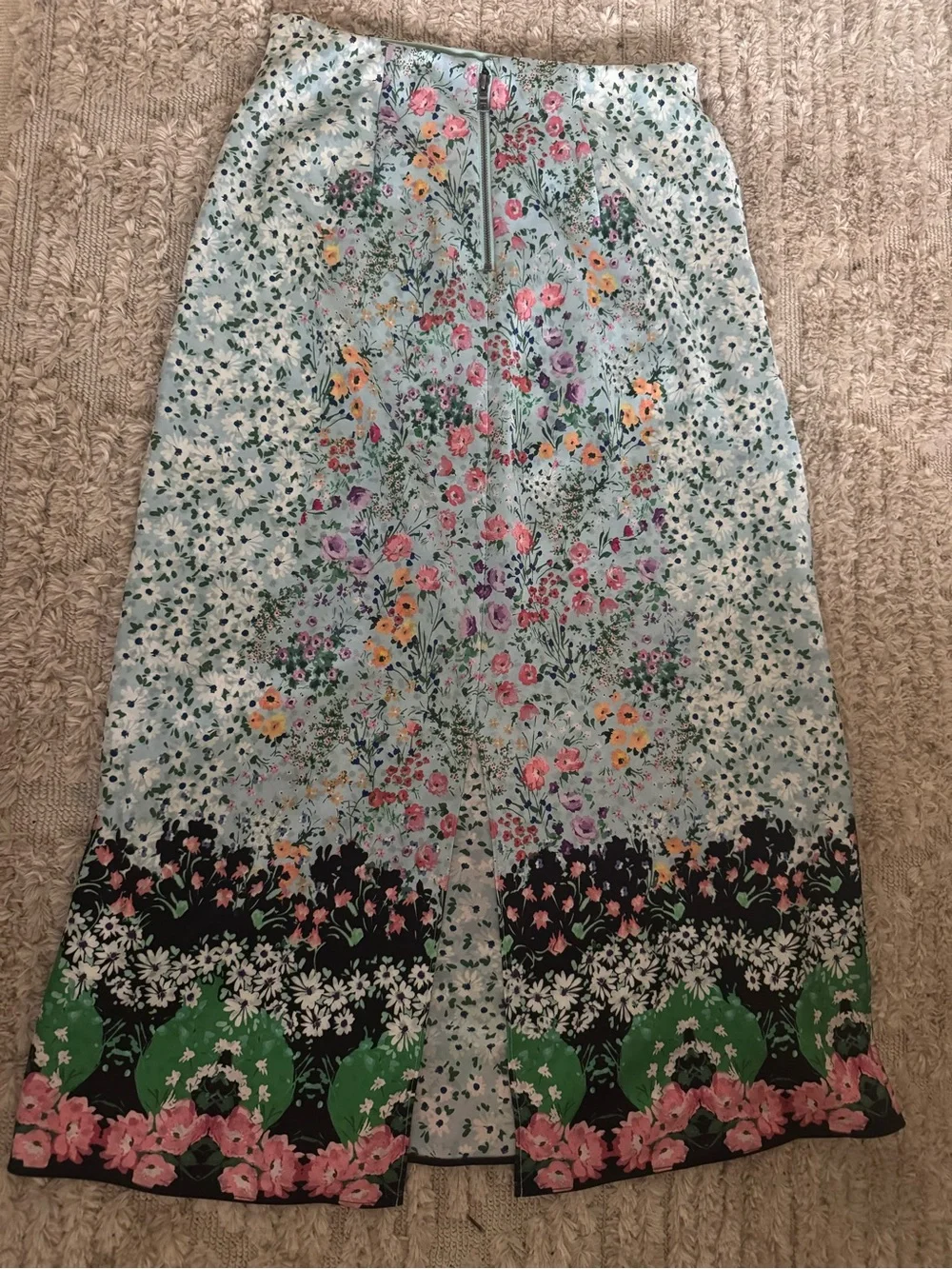 Alice + Olivia Silk Pastel Blue Floral Midi Skirt with Multi-Color Border - Picture 3 of 5